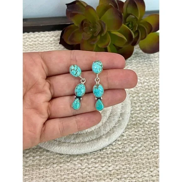 Handmade Sterling Silver Number 8 Turquoise Post Dangle Earrings with Signed Ni - Picture 2 of 5